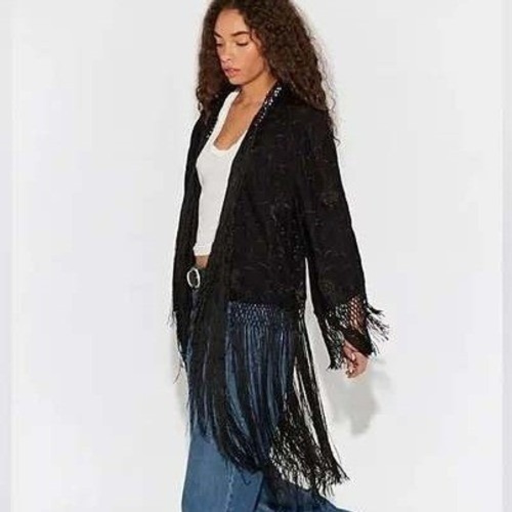 Free People Black London Nights Piano Duster with Boho Fringe NWT One‎ Size
